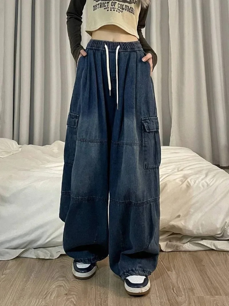 Korean Harajuku Vintage Cargo Jeans Women Oversized Y2K Grunge Baggy Denim Pants Hip Hop Streetwear Wide Leg Trousers