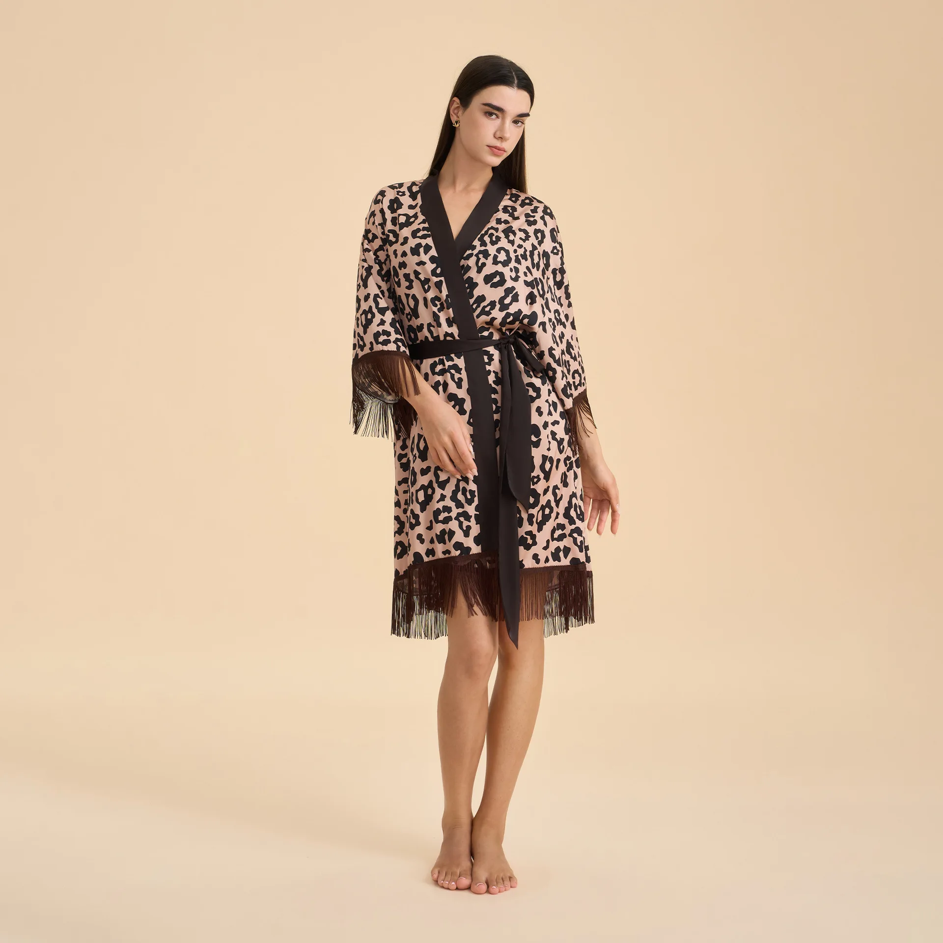 

Female Short Robe Kimono Bathrobe Spring Autumn Print Flower Home Dress Nightwear Sexy Tassel Loose Ice Silk Loungewear