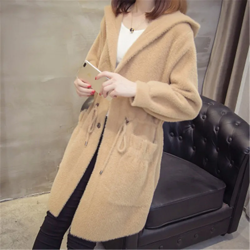 Women Autumn Winter Imitation Mink Cashmere Knitted Cardigans New Loose Sweater Coats Female Hooded Casual Outerwear