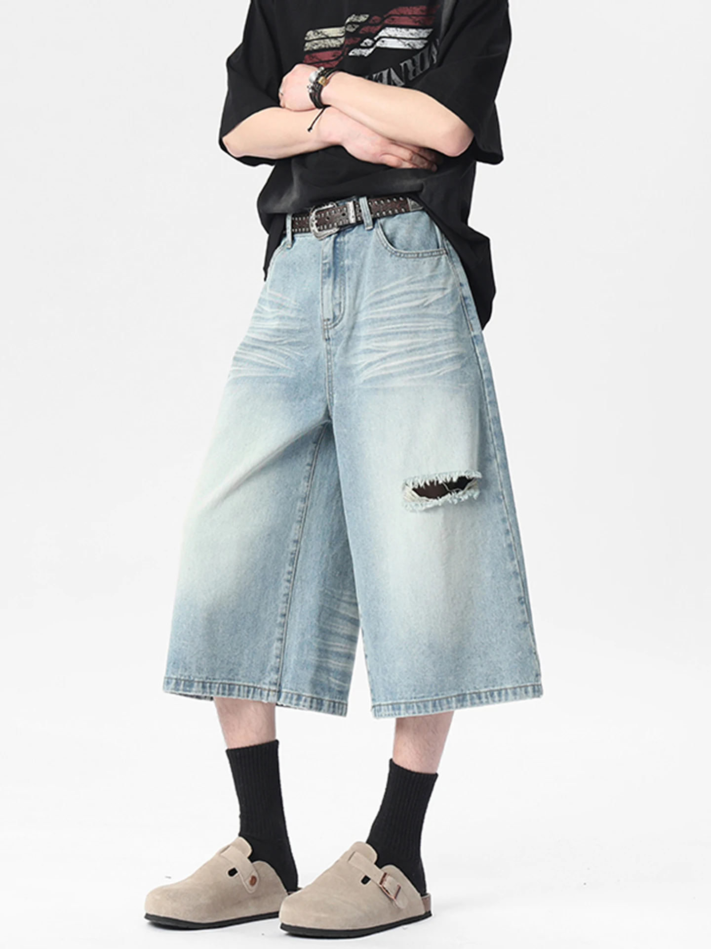 

Retro American Men's Denim Shorts Summer New Trend High Street Washed Loose Straight Leg Jeans mid Waist Zipper Casual Shorts