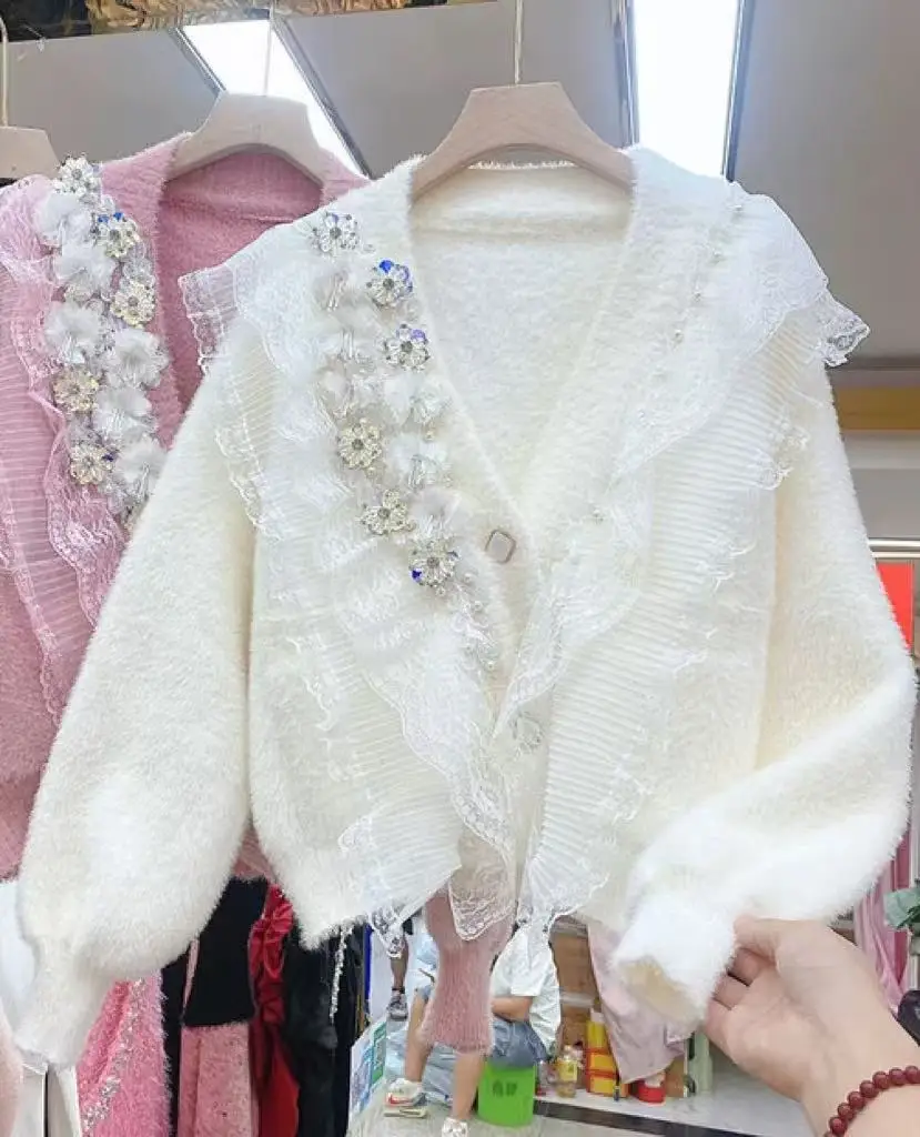 

Осень-зима, милый милый вязаный свитер, свитера из искусственного меха норки, пальто для женщин, расклешенный вязаный кардиган с вышивкой, куртка