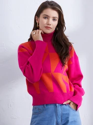 Sweter z dzianiny z golfem w stylu Vintage kobiety oversize dzianina z długim rękawem prążkowany sweter na szyję ciepły zimowy sweter dla kobiet