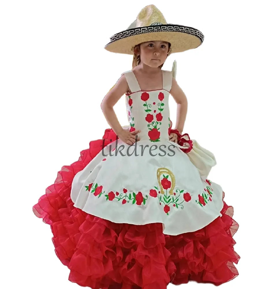 

Organza Puff Mexican Flower Girls Dress 2025 Escaramuza Charra Embroidery Girls Birthday Dress Ruffles Pageant PartyCustomize