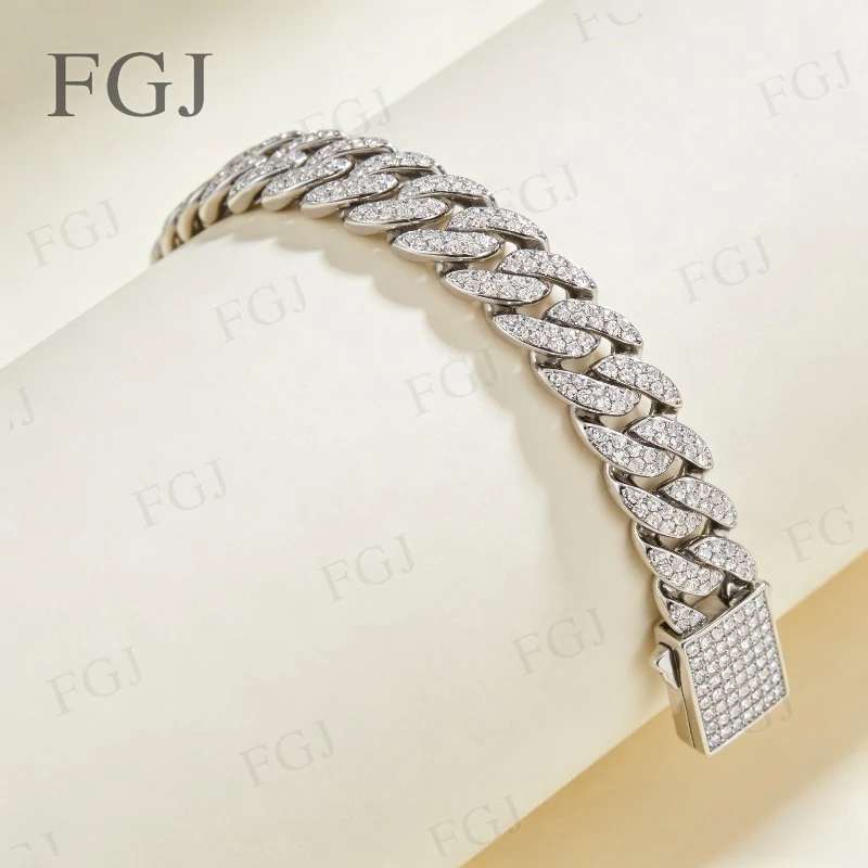 

925 Sterling Silver Moissanite Cuban Chain White & Yellow Gold Plated Full Chain Sparkle Fine Necklace For Wedding Gifts