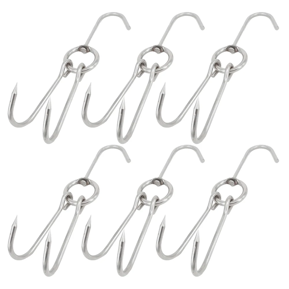 6pcs Stainless Steel Double Meat Hooks Smoker Hooks Hanger Drying Roast Hook For Bacon Hams Meat Processing Butcher