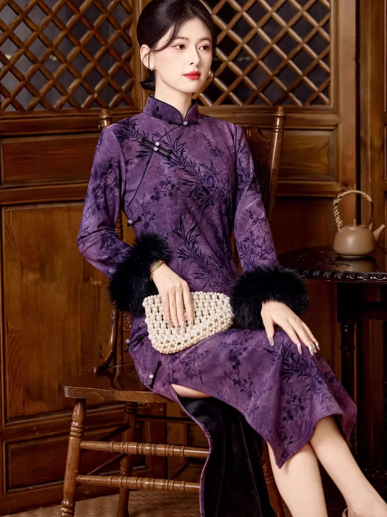 

Теплое длинное платье Deep Purple в винтажном китайском стиле для молодых женщин, с длинными рукавами, для зимнего сезона