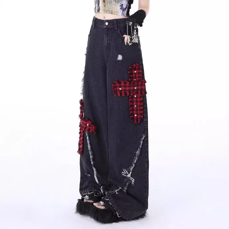 Women's Straight-leg Wide-leg Jeans Rock Punk Style Ripped New High-waist Loose Trendy Embroidered Droop Floor-length Pants