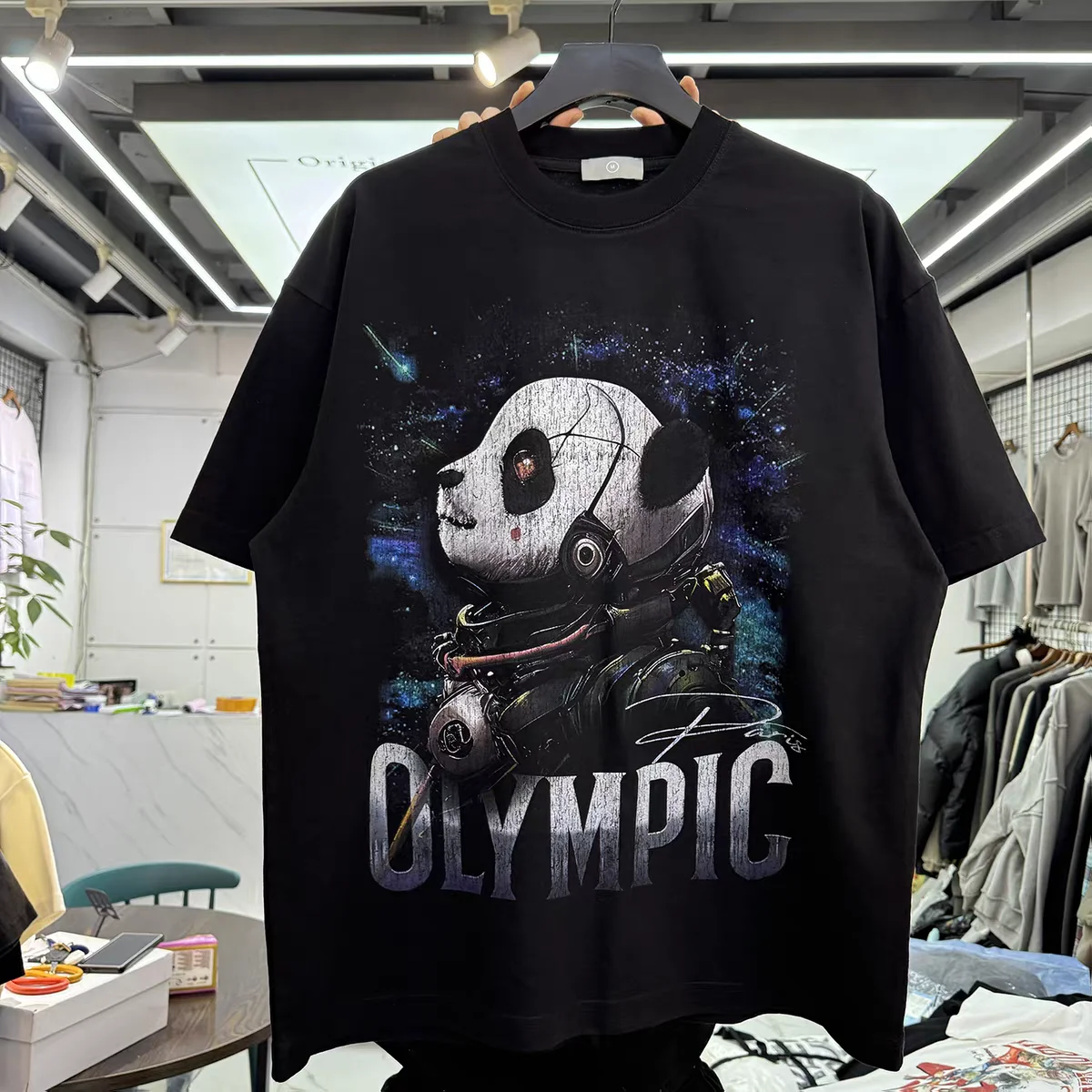 Mechanical Panda Printed Round Neck Short Sleeve T-shirt Men Women Summer Style T Shirt Tee
