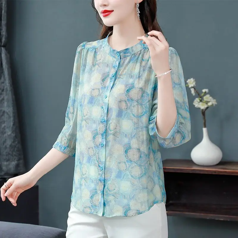 2023 New Summer Fashion Buttons O-neck 3/4 Sleeve Shirts Women Clothes Elegant Buttons Thin Blouse Ladies Korean Oversized Tops