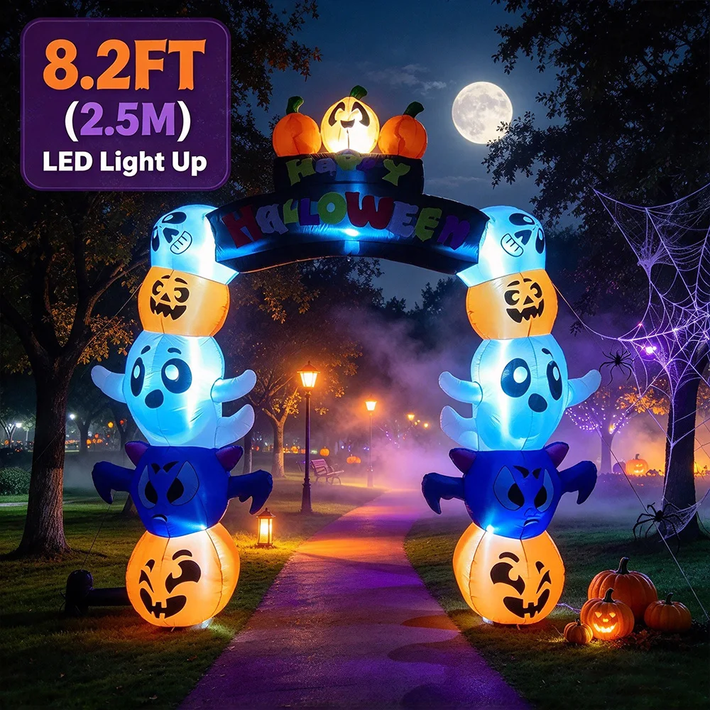 8FT Halloween Inflatable Ghost Pumpkin Combo with LED Lights, Blow Up Yard Decor for Party Garden Indoor Outdoor