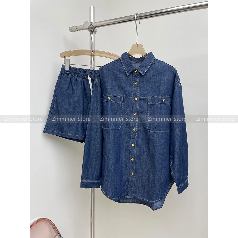 2024 Spring and summer new denim casual suit lapel long-sleeved shirt + elastic waist drawstring loose shorts