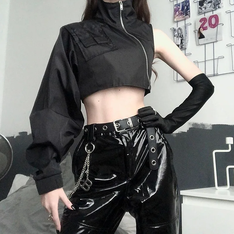 

Sexy One Shoulder Long Sleeve Turtleneck Sweatshirt 2024 New Fashion Gothic Punk Women Irregular Zipper Crop Top Shirt Y2K Goth