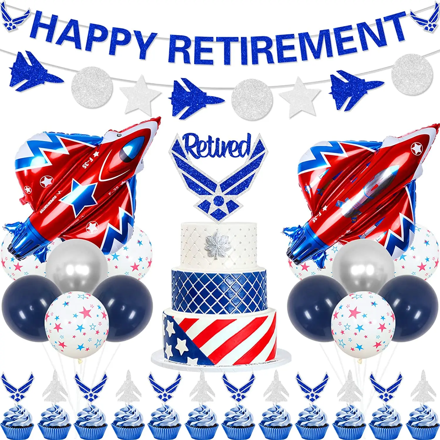 

Airforce Retirement Party Decorations for Men Patriotic Airforce Balloon Happy Retirement Banner Airplane Retired Cake Topper