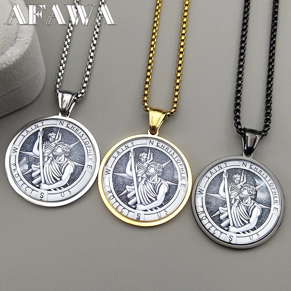 ST.Christopher Protect Us Glasmedaille Anhänger Halskette Saint Christopher Edelstahl Goldfarbe Christliche Halsketten Schmuck
