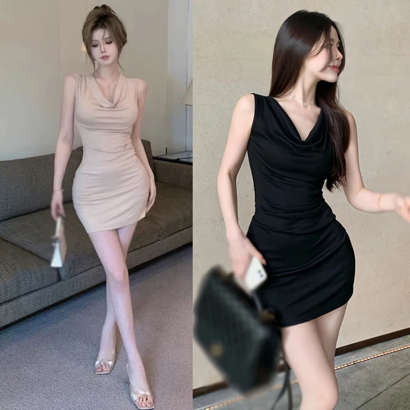 Women Korean Version Slim Dress Sleeveless Summer Swinging Collar Bodycon Vest Dress