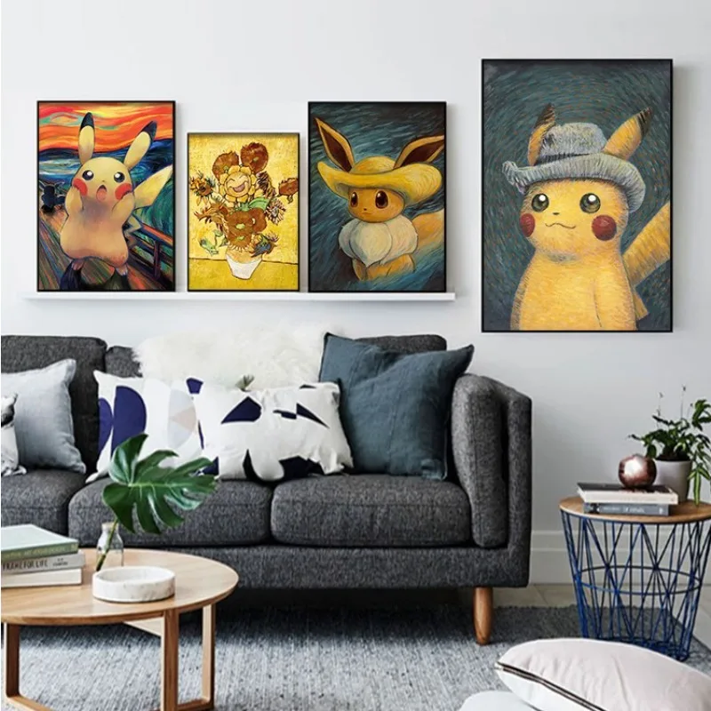 1pc frameless Canvas Painting Pokémon Van Gogh Pikachu and Scream Series Frameless Canvas Core Art Canvas Poster Peripheral H