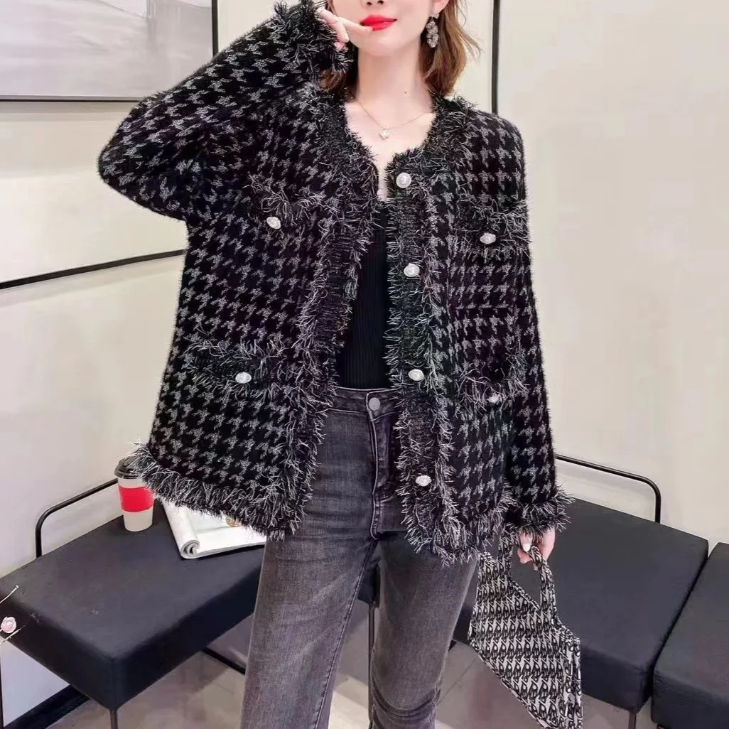 

Checkered Top, Jacket Collar, Fringed Mink Fur Imitation New Style, Tassel, Small Fragrance, Fashionable And Casual 2024 Knitted