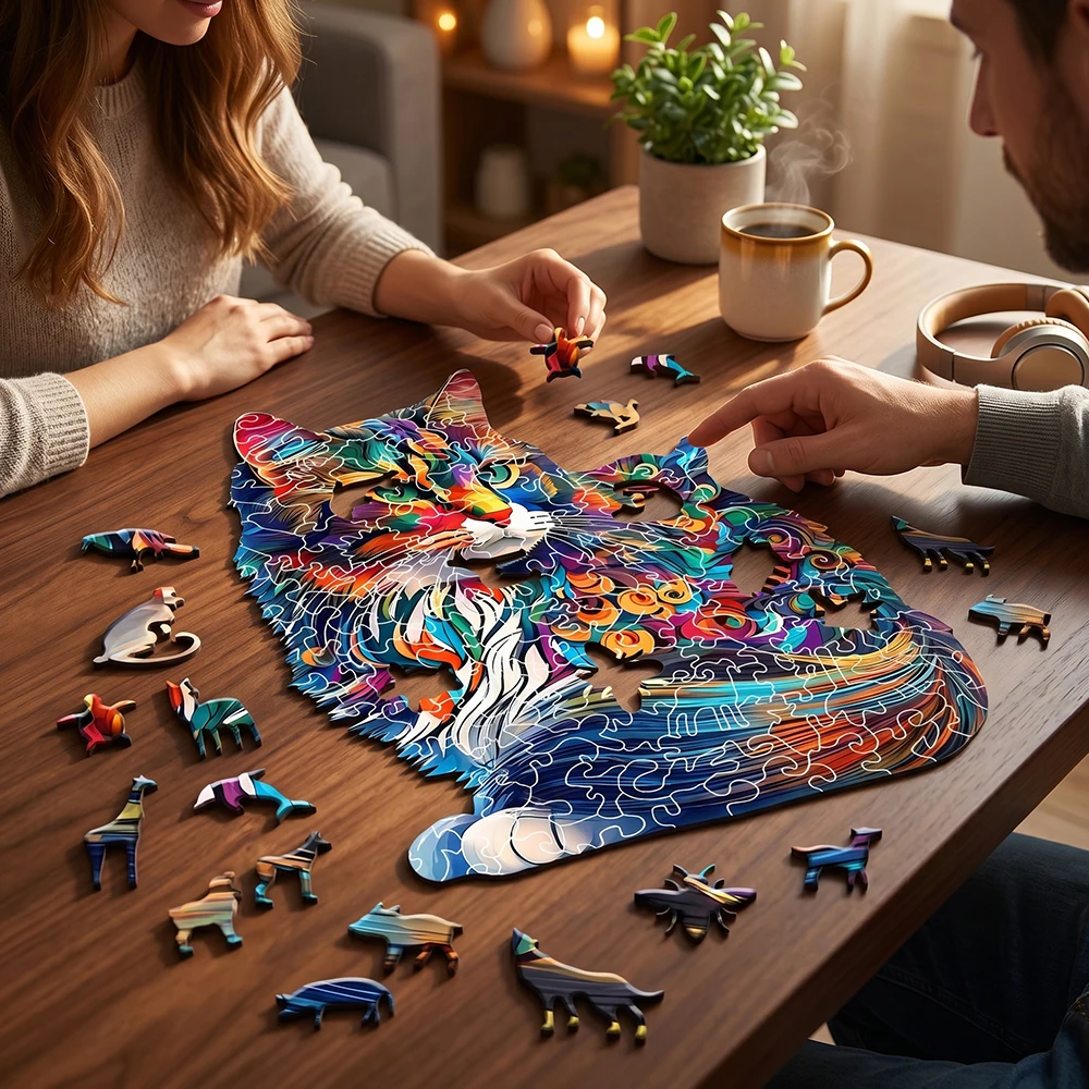 Vibrant Abstract Cat Wooden Puzzle, Unique Irregular Animal-Shaped Pieces Jigsaw for Adults & Kids, Stress Relief Artistic Cat Design for Cat Lovers