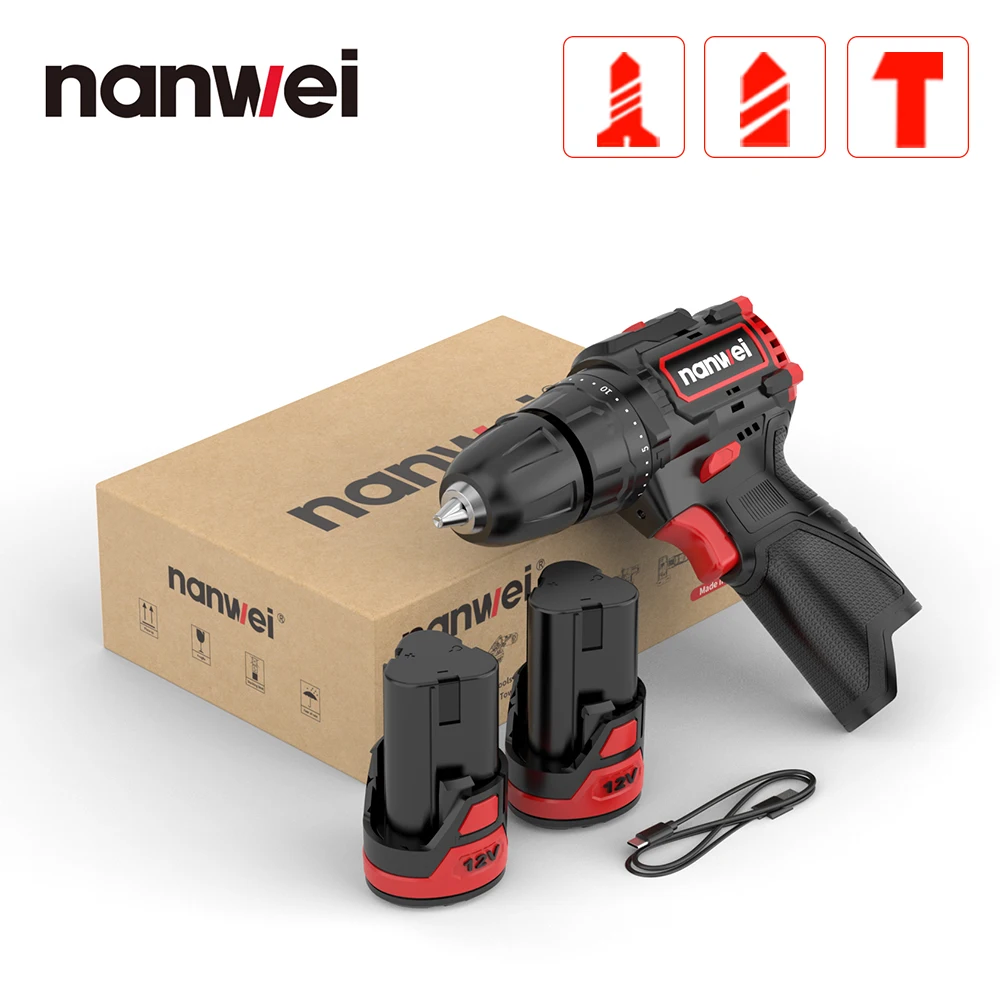 Nanwei-mini Broca de Impacto sem Escova 12v Chave de Fenda Multifuncional Interface de Carregamento tipo c