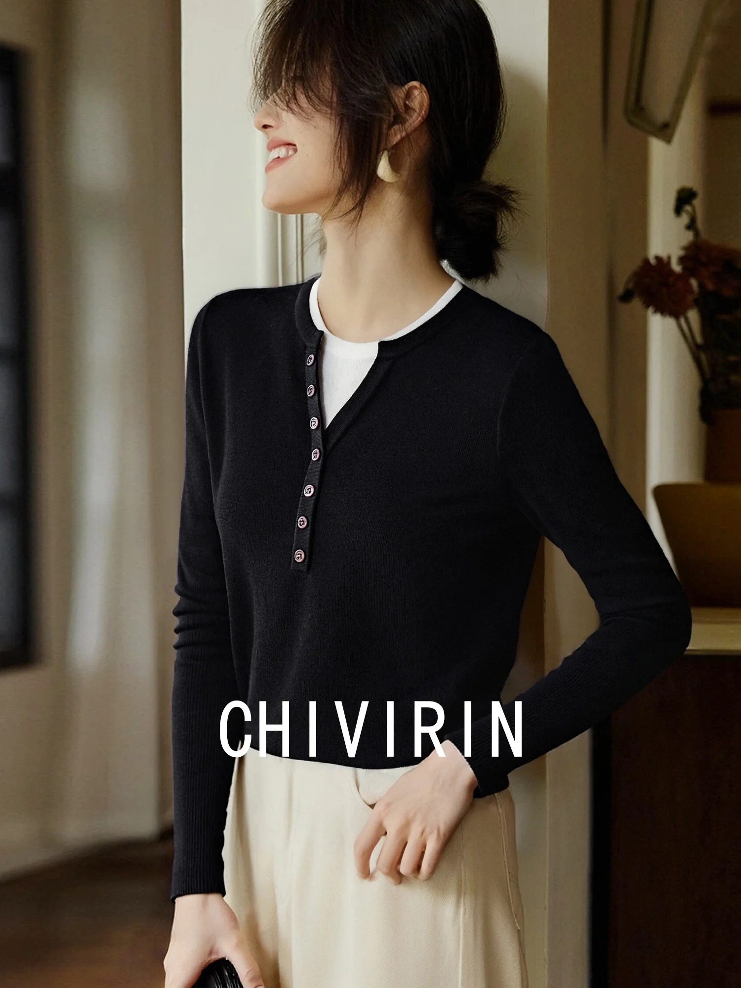 

Весна-Осень 2026: Новая модель вязаного свитера с воротником Хенли, цветной блок, женский, приталенный, базовый слой, повседневный, средней плотности