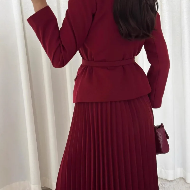 Elegant Women's 2 Piece Set Long Sleeve Blazer Jacket With Pleated Maxi Skirt Fashion Solid Outfit For Autumn Winter Office Wear