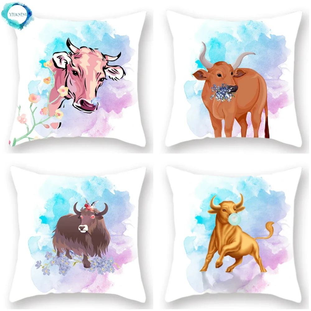 Animal Cow Print Polyester Cushion Cover Yellow Ox Flower Head Pattern Home Sofa Square Decorative Pillowcase 45x45cm