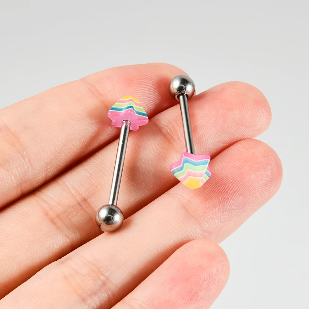 1pcs Rainbow Pyramid Conical Star Tongue Rings Stainless Steel Multicolor Tongue Studs Barbell Piercing Body Jewelry 14G