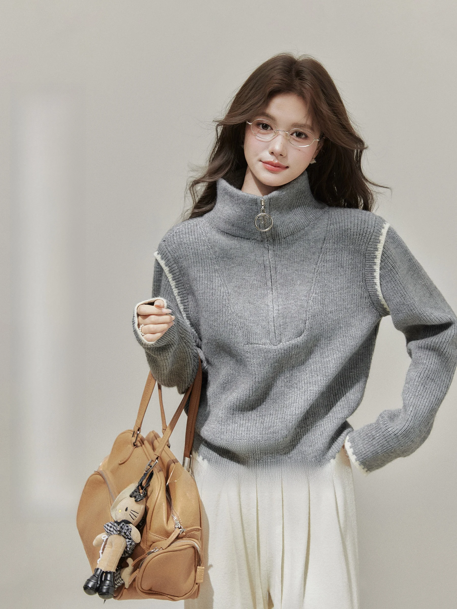 

Теплый вязаный свитер с высоким воротником и молнией для женщин больших размеров, осенне-зимний, свободный базовый топ для повседневной носки