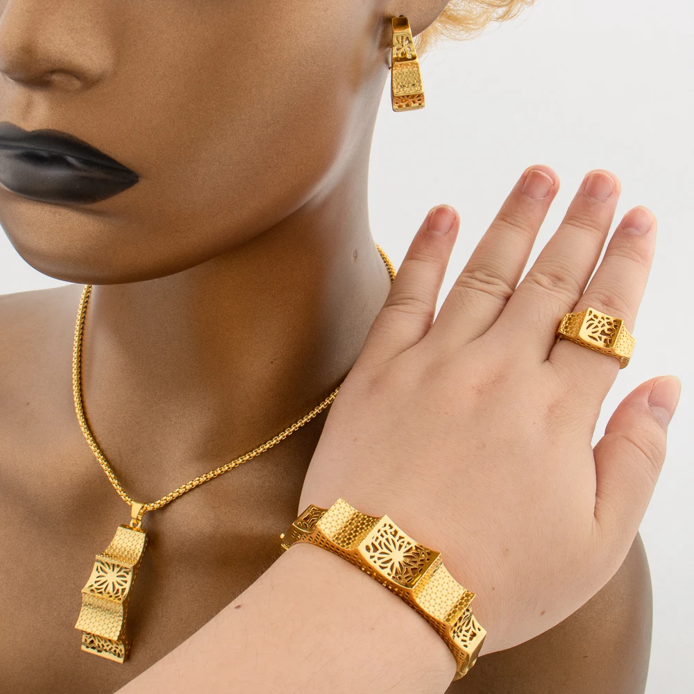 Women African 18k Gold Color Jewelry Set Pendant Necklace Drop Earrings Elegant Ladies Bangle Ring Set for Party Fashion Bangles