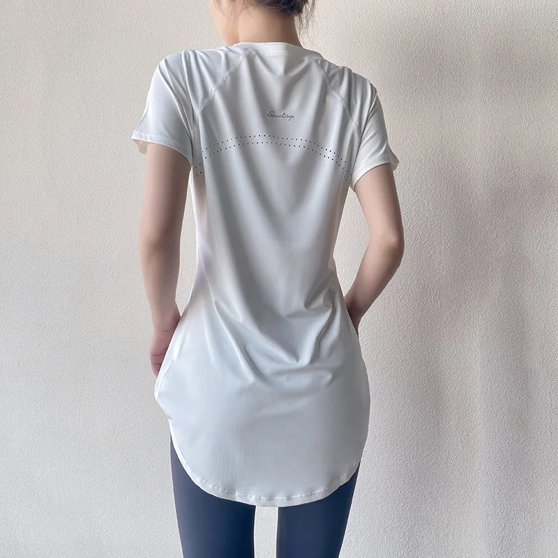Sportedly-T-shirt à manches courtes pour femme, séchage rapide, haut de fitness, respirant, mince, couvre-fesses, chemise de course, vêtements de