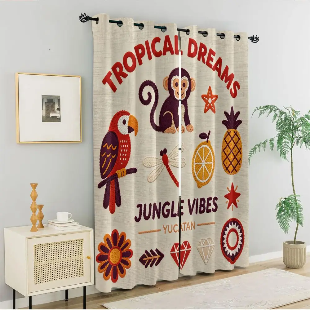 Tropical Dreams Jungle Vibes Yucatan Monkey Parrot Print Curtains, 2-Pcs Digital Printed Blackout Curtains for Living Room - view 4