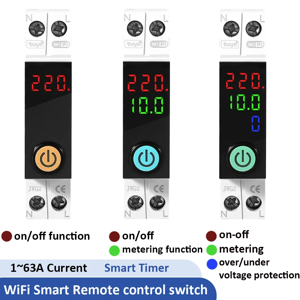 1P 63A Tuya WiFi Smart Circuit Breaker Switch Metering Timer Relay Voice Remote Control Voltage Current Meter Protector Monitor