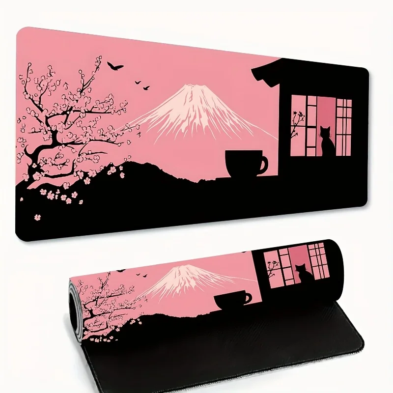 Tappetino per mouse con design Mount Fuji e fiori di ciliegio da 1 pezzo - Base in gomma antiscivolo, bordi cuciti, tessuto a maglia, gomma naturale resistente
