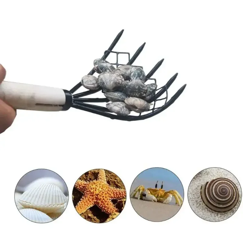 15 Inch 5‑Tine Clamming Claw Rake with Mesh Net Long Handled Sturdy Compact Shell Clam Digger Hand Rake for Beach Digging