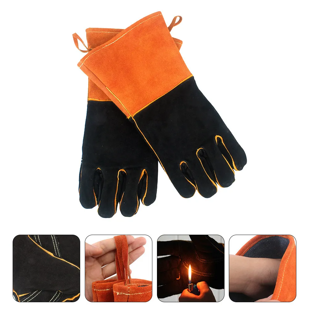 

1Pair Unisex Free Size Barbecue Gloves Premium Cowhide Double-Layer Heat Resistant Outdoor Gloves for Camping Grilling Fire