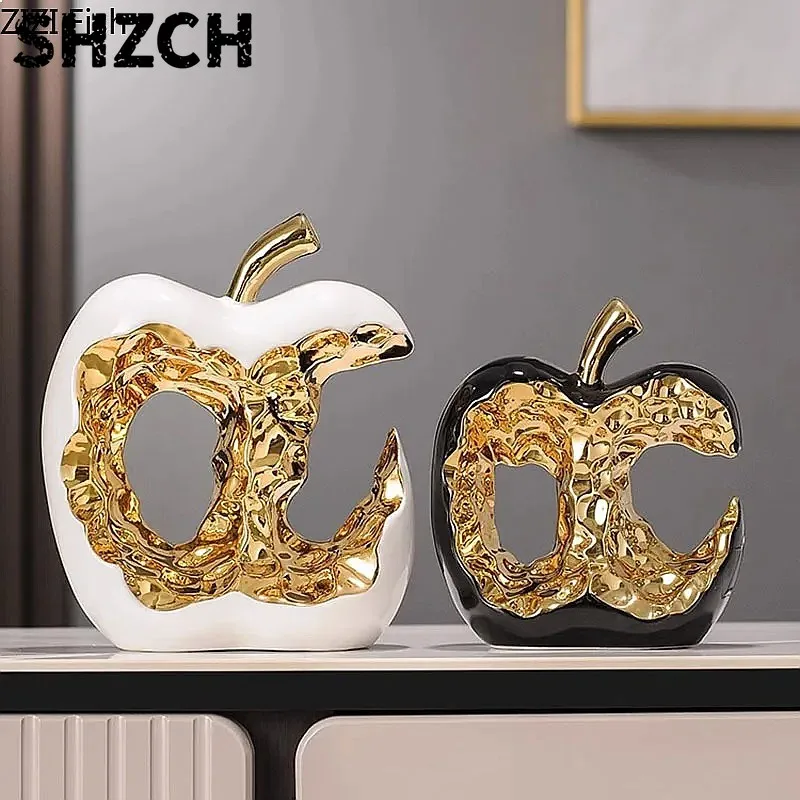 Gold Plated Apple Hollow Out Ceramic Sculpture Desk Decoration Creative Statue