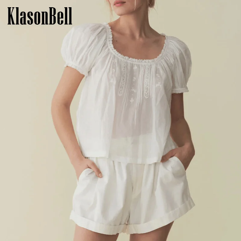 

6.28 KlasonBell 2024 Summer Girl Sweet Lace Round-Neck Puff Sleeve Blouse For Women Embroidery Print Thin Cotton Shirt