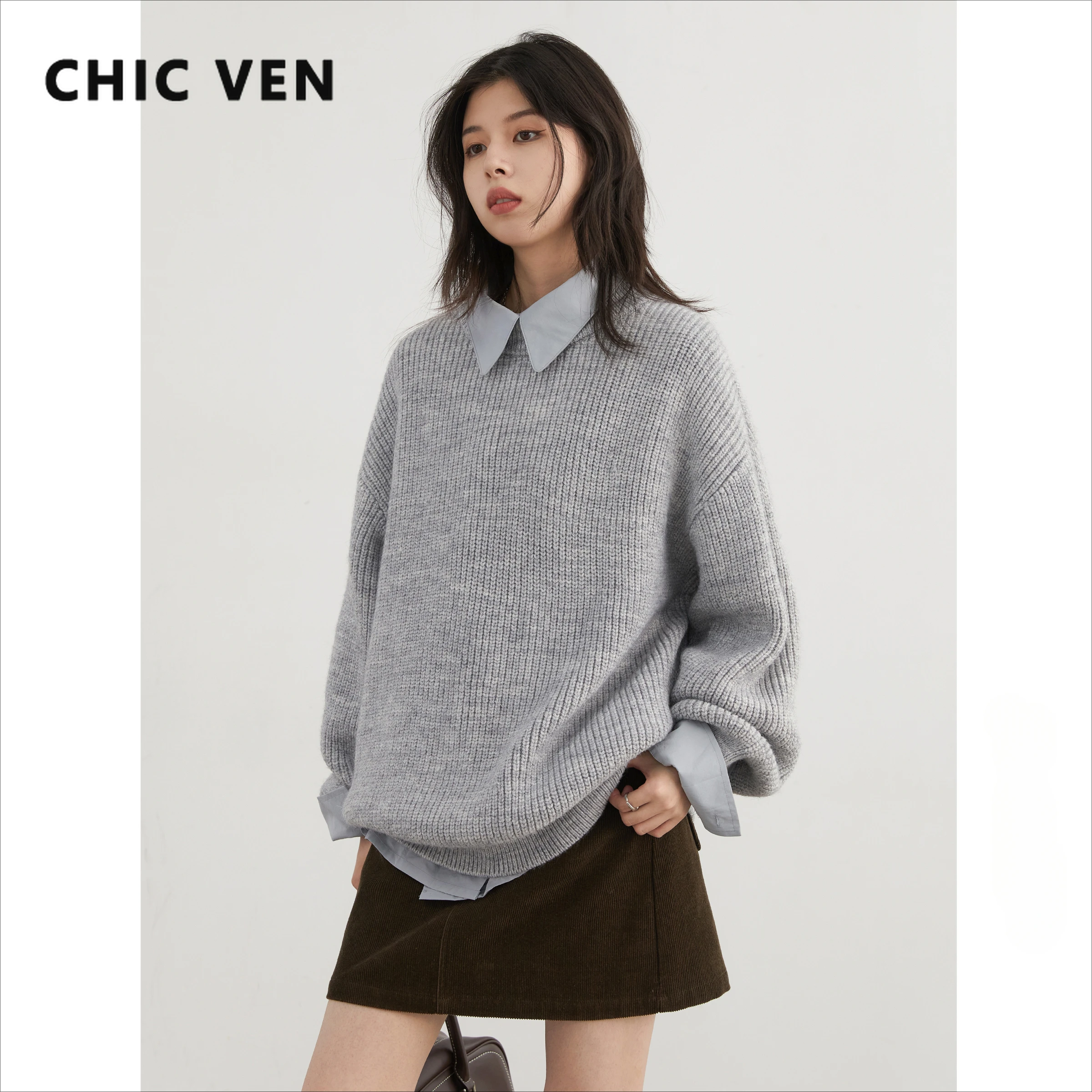 CHIC VENผู้หญิงถักเสื้อกันหนาวOคอหลวมใหม่เกาหลีPulloversนุ่มหญิงจัมเปอร์ฤดูใบไม้ร่วงฤดูหนาว 2024 เสื้อผ้า