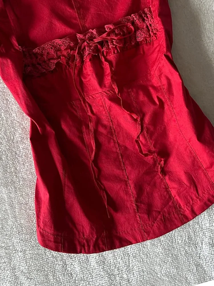 우아한 빈티지 레드 셔츠 여성용 아름다운 플라잉 슬리브 탑 편안한 면 혼방 레귤러 핏 버튼 디테일 캐주얼 셔츠