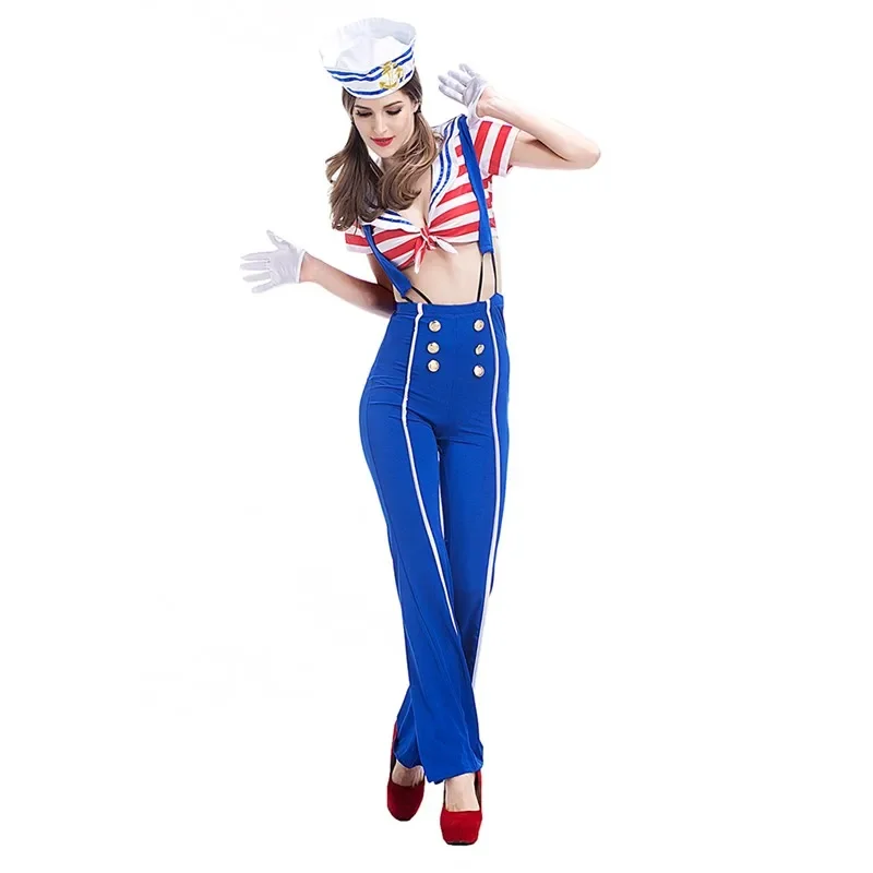 Disfraz de fantasía azul marino náutico para mujer, espectáculo de escenario de Halloween, vestido Sexy de Cosplay de marinero real para club
