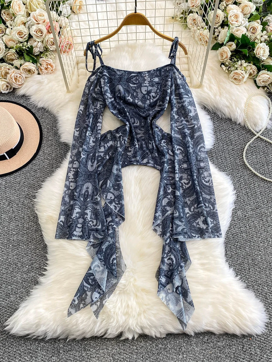 

Sexy American Girl Spicy oulder One-oulder Flared Sve T-irt Women's Autumn Print Slim Ele Asymmetrical Sa Top