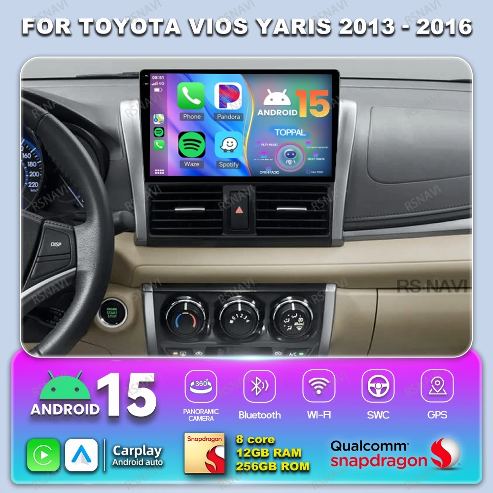 

Автомобильный радиоприемник Android 15 для TOYOTA VIOS YARIS 2013-2016 Беспроводной Carplay Auto DSP 5G WIFI Viedo Player Навигация BT GPS Стерео