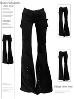 Pantalones largos Dark Academia Goblin Core Gyaru Goth para mujer, pantalones acampanados de tiro bajo, ropa de calle Y2K elástica, Harajuku japonés Grunge