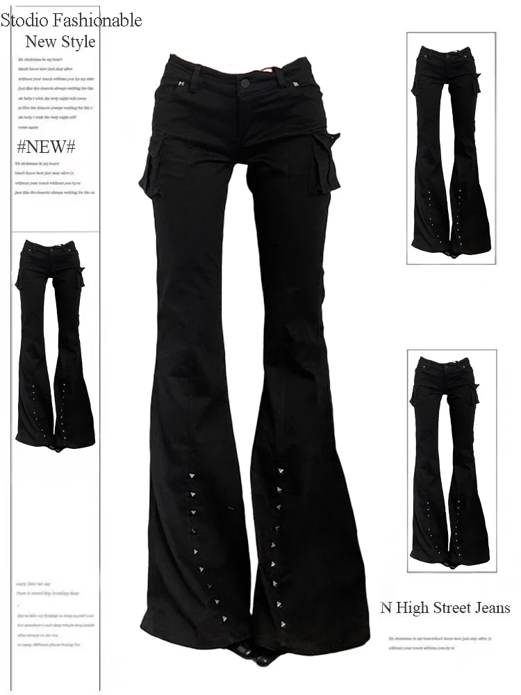 Women Dark Academia Goblin Core Long Trousers Gyaru Goth Low Rise Flare Pants Y2K Streetwear Stretch Japanese Harajuku Grunge