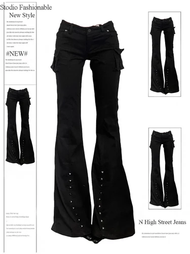 Imagen 1 del producto Pantalones largos Dark Academia Goblin Core Gyaru Goth para mujer, pantalones acampanados de tiro bajo, ropa de calle Y2K elástica, Harajuku japonés Grunge