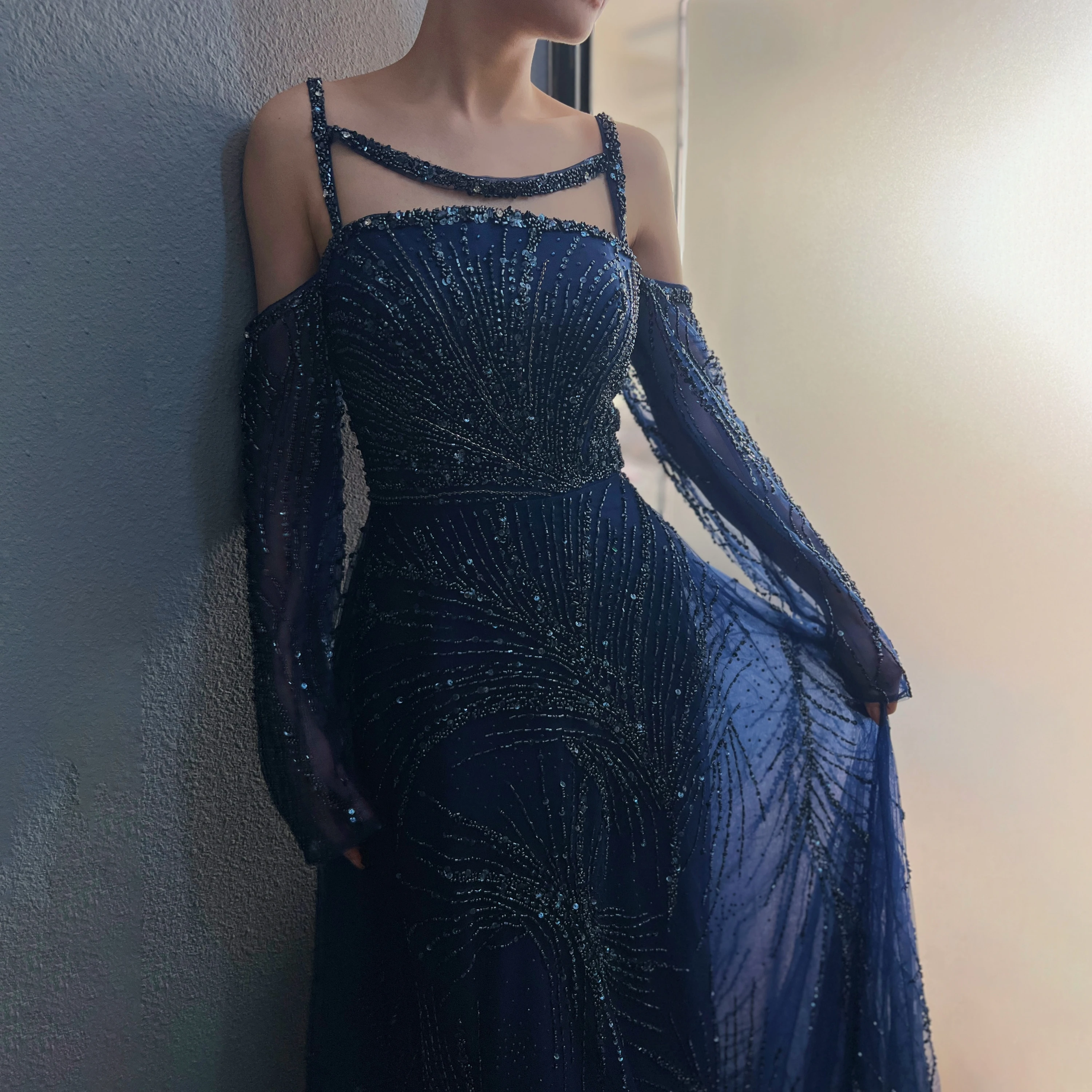 prom dresses 2025 navy blue Navy Blue Sequin Mermaid Prom Dresses Spaghetti Strap V-Neck Lace Applique 24097 Custom Colors / US6
