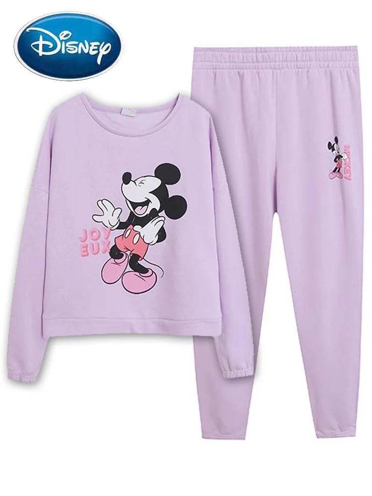 Disney Sweatshirt Mickey Mouse Cartoon Print Fashion Women Long Sleeve Fleece Tee Tops + Pants Trousers 1 Sets Femme Streetwear