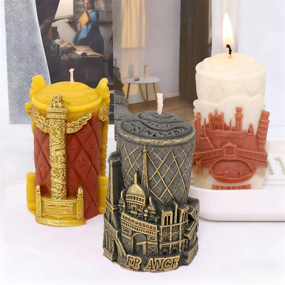 Eiffelturm Relief Säule Kerze Form Dubai Paris Italien Stadt Architektur Skulptur Harz Formen Für DIY Stadt Sehenswürdigkeiten Form