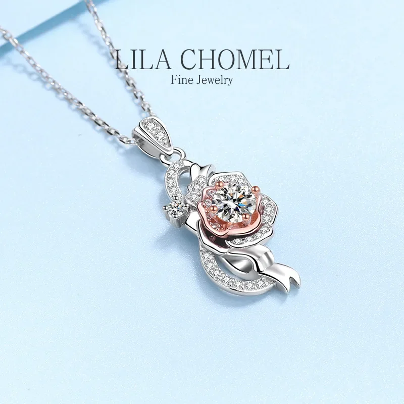 Classic White Gold 18K rose flower necklace with 0.5 Carat Moissanite Diamond Pendant for Women Sparkling fine Jewelry lady gift