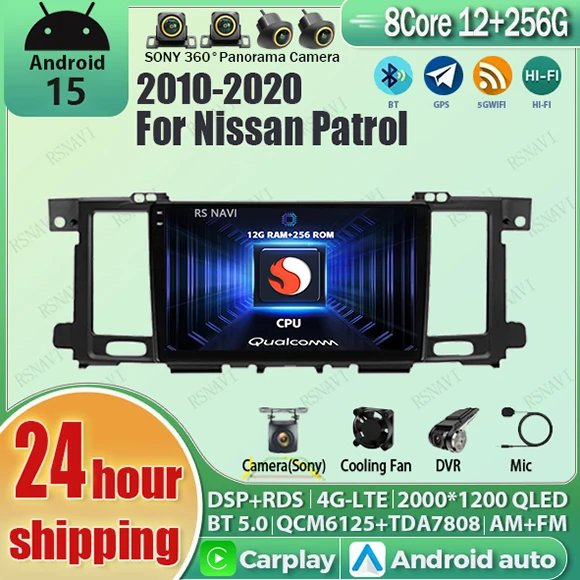 Android 15 Carplay Auto Qualcomm 2K QLED Screen Car Radio Player For Nissan Patrol 2010 - 2020 GPS Stereo Wifi BT 4G Navigation